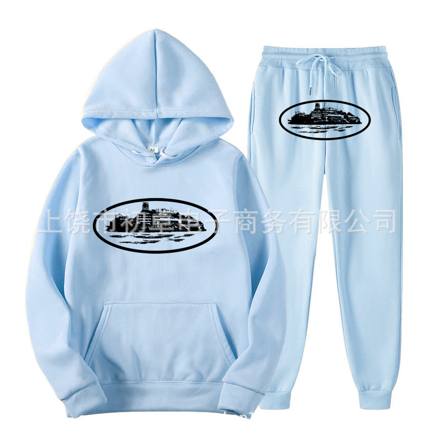 Europeo y americano clint419 diablo prisión patrón hombres y mujeres mismo suéter traje impreso con capucha conjunto de dos piezas al por mayor