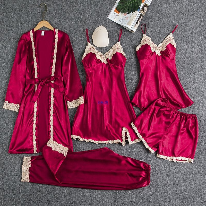 Pajamas with Breast Pads for Women, Spring, Autumn and Summer Five-Piece Set, Women's Silk Pajamas, Sexy Suspender Skirt, Long-Sleeved Nightgown, Home Wear