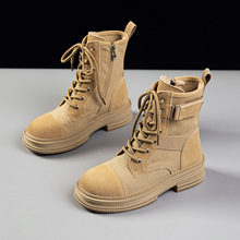 英伦风马丁靴女夏2025新款夏季薄款透气系带圆头侧拉链帆布短靴女