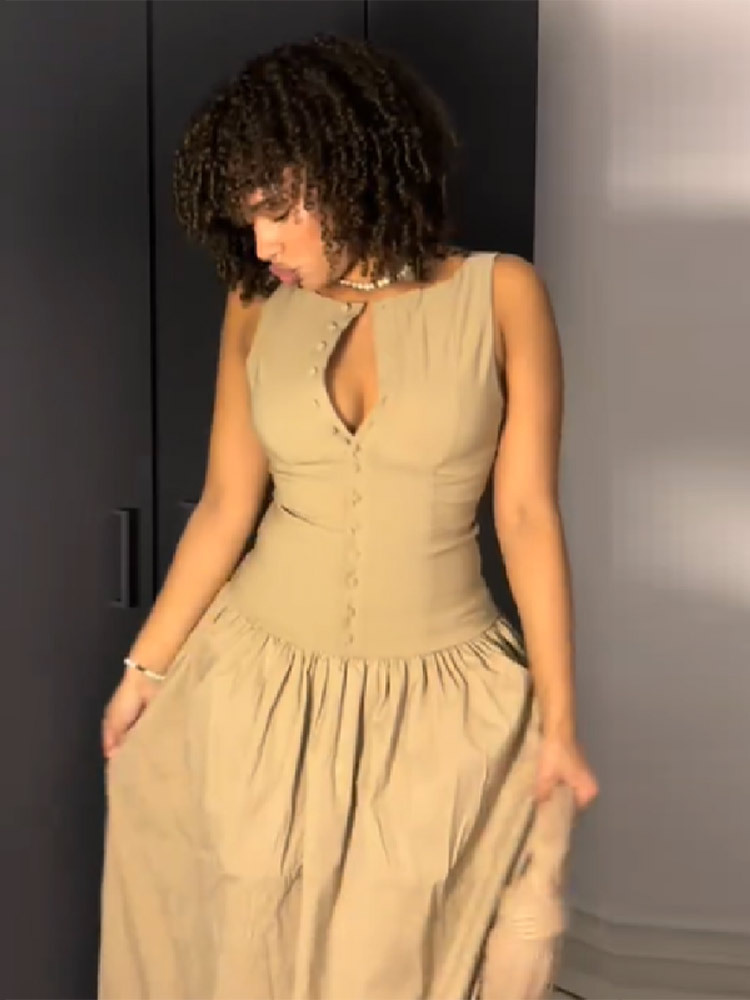 French Style Solid Hollow Out Sleeveless Waist Cinched Dress Women's Single Breasted Slim Fit Mid Length Vacation Long Dress_ecoleips.com