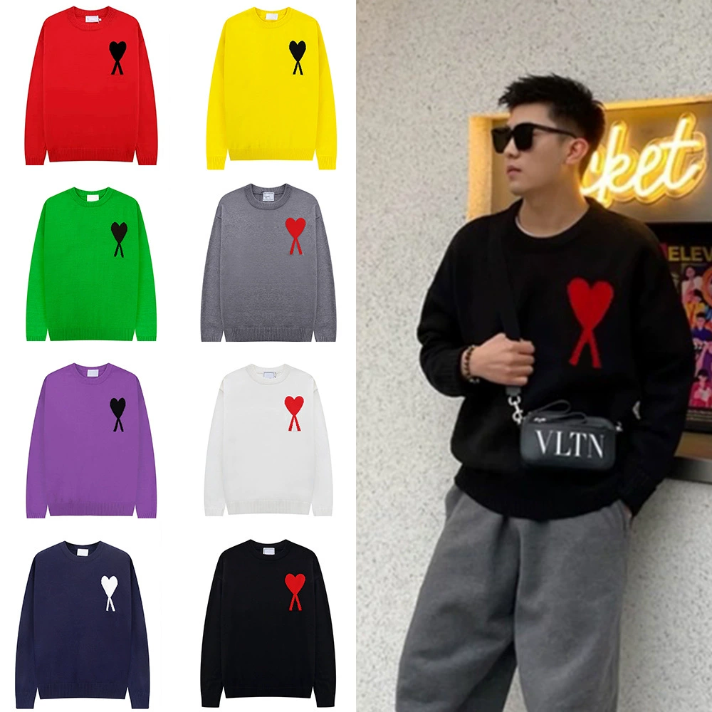 Осенне-зимний новый трикотаж с круглым вырезом и красным сердцем для мужчин и женщин, жаккардовый повседневный пуловер с любовью, трикотаж