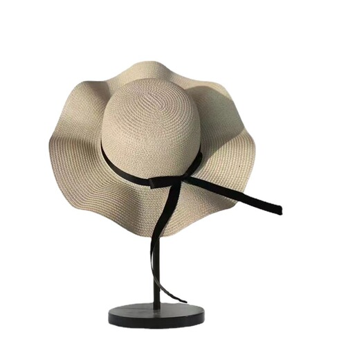 Summer women's travel sun protection large brim beach hat wavy ribbon versatile simple sun hat manufacturer wholesale straw hat