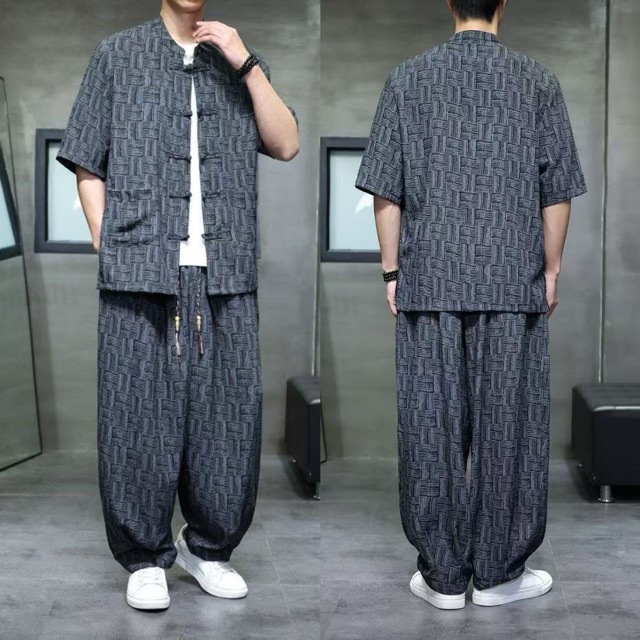 2026 Summer New Chinese Style Men's Trendy Linen Plaid Suit Plus Size Loose Fit Two-Piece Set with Chinese-Style Buttons
