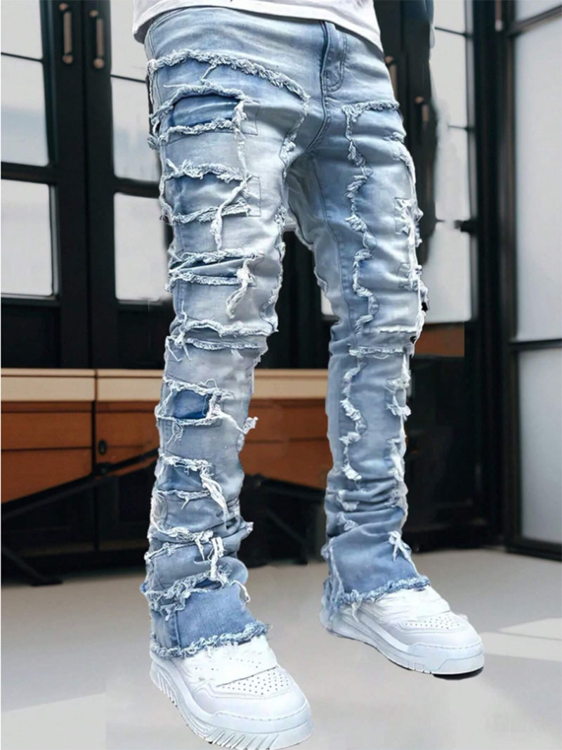 Men's Distressed Denim Jeans Slim Straight High Street Fashion Patchwork Raw Hem Casual Breathable Cotton Blend Pants_mkmklike.com