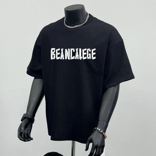 Heavyweight Trendy American-Style Simple T-Shirt with Trendy Letter Print for Men, Summer Casual Short-Sleeve Crew Neck with Clip-On Tie