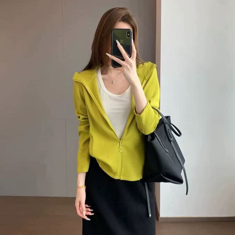 Slimming, lightweight, soft, elastic, fluffy, breathable waffle knit loose-fitting hooded zip-up jacket for spring and summer H0416F Slimming, lightweight, soft, elastic, fluffy, breathable waffle knit loose-fitting hooded zip-up jacket for spring and summer H0416F