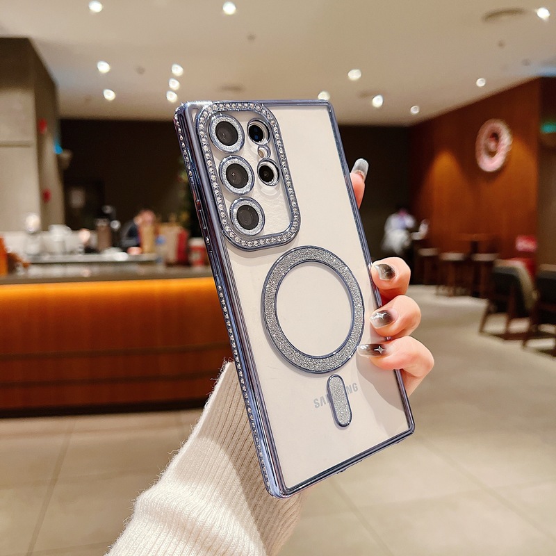 Samsung S24Uitra 透明磁気電話ケース電気メッキ TPU ラインストーン S25PLUS オールインクルーシブソフト保護カバーに適しています。|undefined
