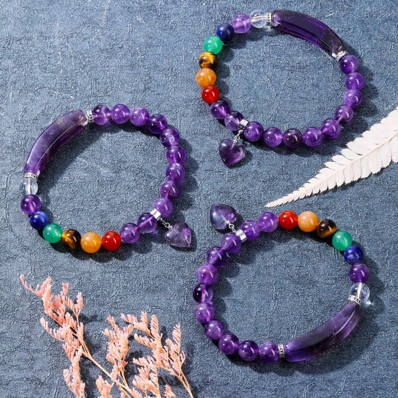 Cross-border Explosions Europe and America Hot Sale 7 Chakra Cure Natural Stone Bracelet Crystal Heart Charm Bracelet Handmade Jewelry
