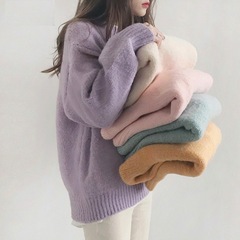 紫色套头毛衣女秋冬外穿宽松慵懒风圆领上衣年新款针织衫加厚