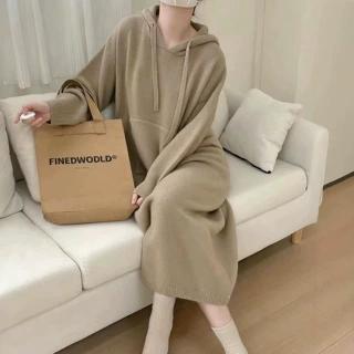秋冬新款韩系宽松大版连帽针织连衣裙女士跨境休闲中长款毛衣裙子