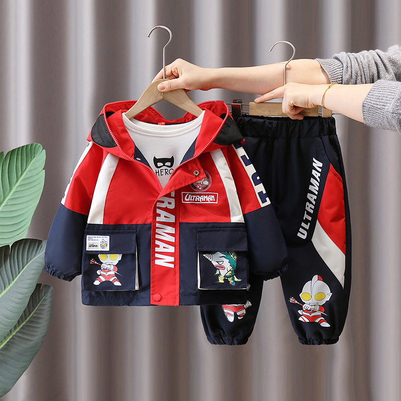 7614 traje de primavera para niños 2025 nuevo estilo niño estilo occidental gabardina con capucha primavera y otoño ocio de dos piezas primavera