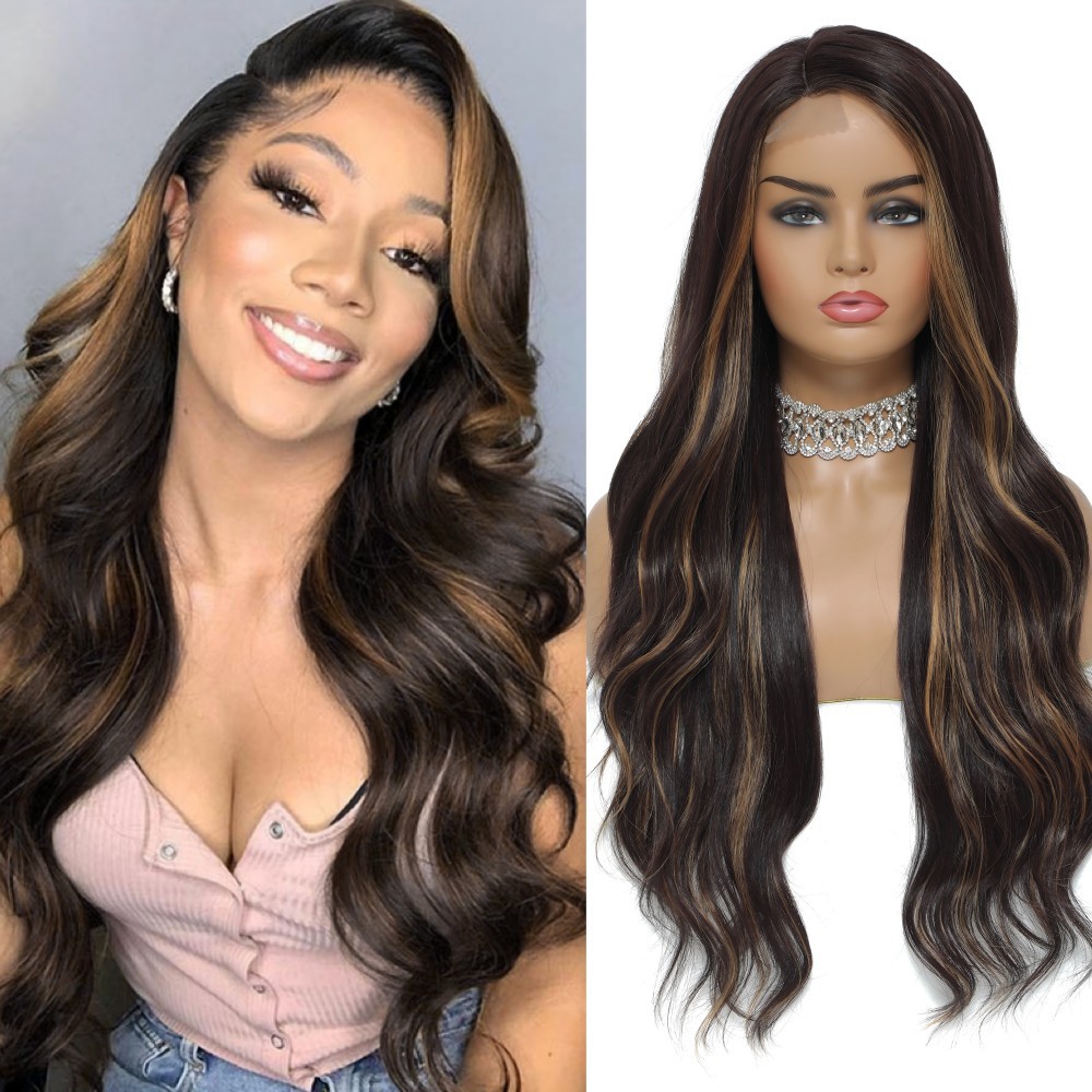 Perruque pour femme de style européen/américain, avec raie sur le côté, mèches fines en dentelle, cheveux longs et bouclés en fibres synthétiques._voghion.com