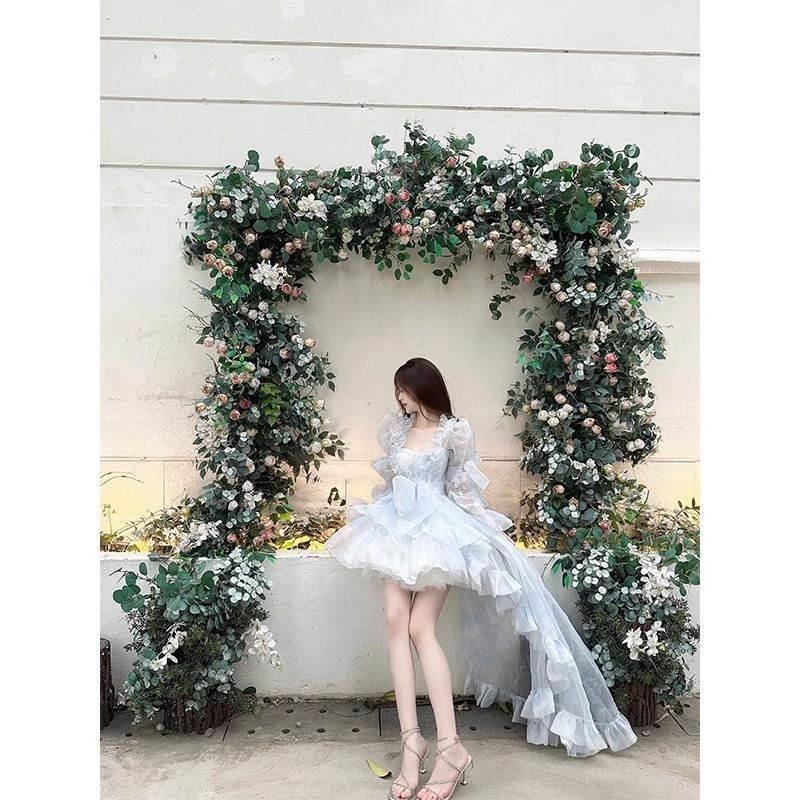 화이트 프린세스 원피스 프랑스 스타일 꽃 웨딩 원피스 블루 스트랩리스 트레일 링 원피스 원피스