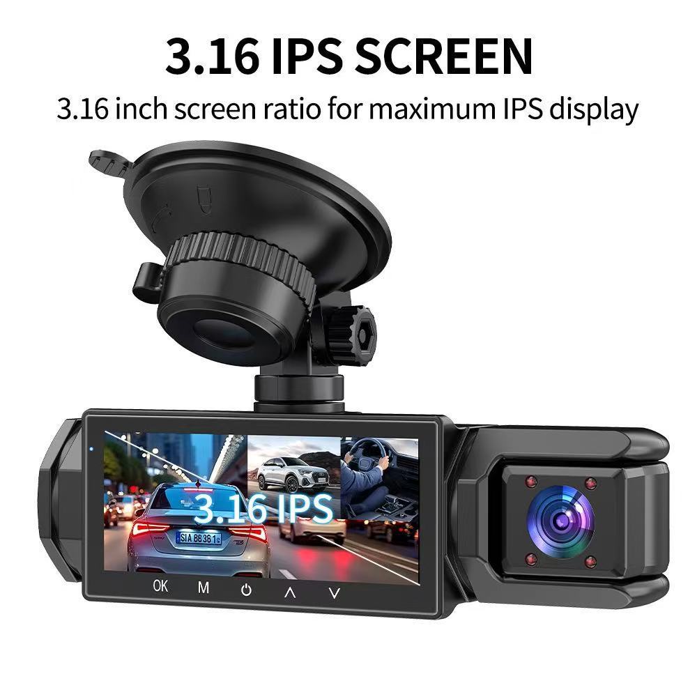 High-definition three-lens WiFi dashcam with infrared night vision for front, interior, and rear recording in the car