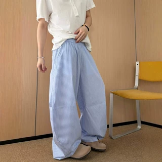 蓝色条纹冰丝裤子男款夏韩系慵懒松弛感阔腿老钱风宽松休闲弯刀裤