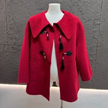 红色新中式双面呢大衣女2024冬季国风高级气质短款羊毛呢子外套