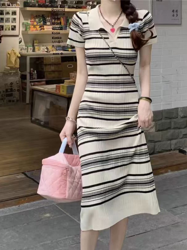 哥家商场同款女装2025夏季小众韩系温柔气质裙子条纹polo领连衣裙|undefined