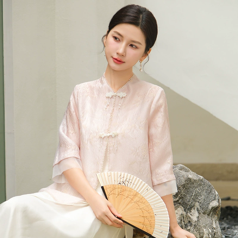 Qing shuzhai 2024 новая женская одежда ханьфу модифицированный дзен чай Фу Новый китайский летний тканый Золотой жаккардовый женский топ