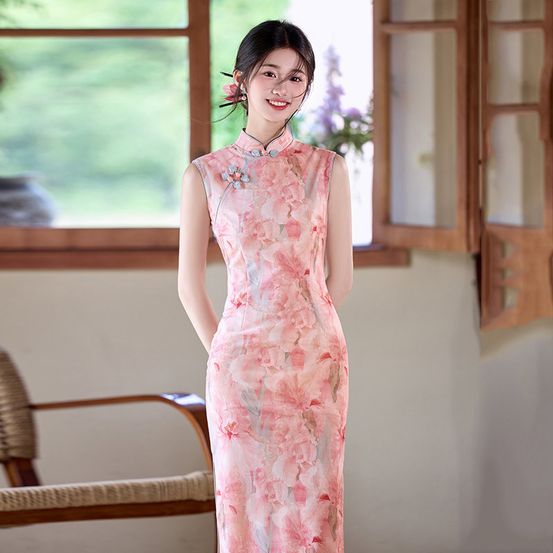 粉色国风传统中式长款旗袍改良年轻款2025新款女复古修身短袖夏季|undefined