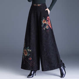中国风复古洋气提花棉长裤 刺绣花后松紧大脚裤 显瘦秋冬阔腿裤女