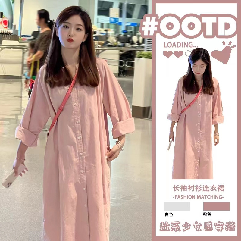 In-Stock Autumn New Maternity Dress, Mid-Length Shirt Dress with Long Sleeves, Autumn Style