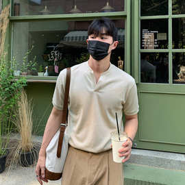 ASCLO亨利衫韩版打底衫V领纯棉夏季短袖上衣潮流简约半袖亨利衫