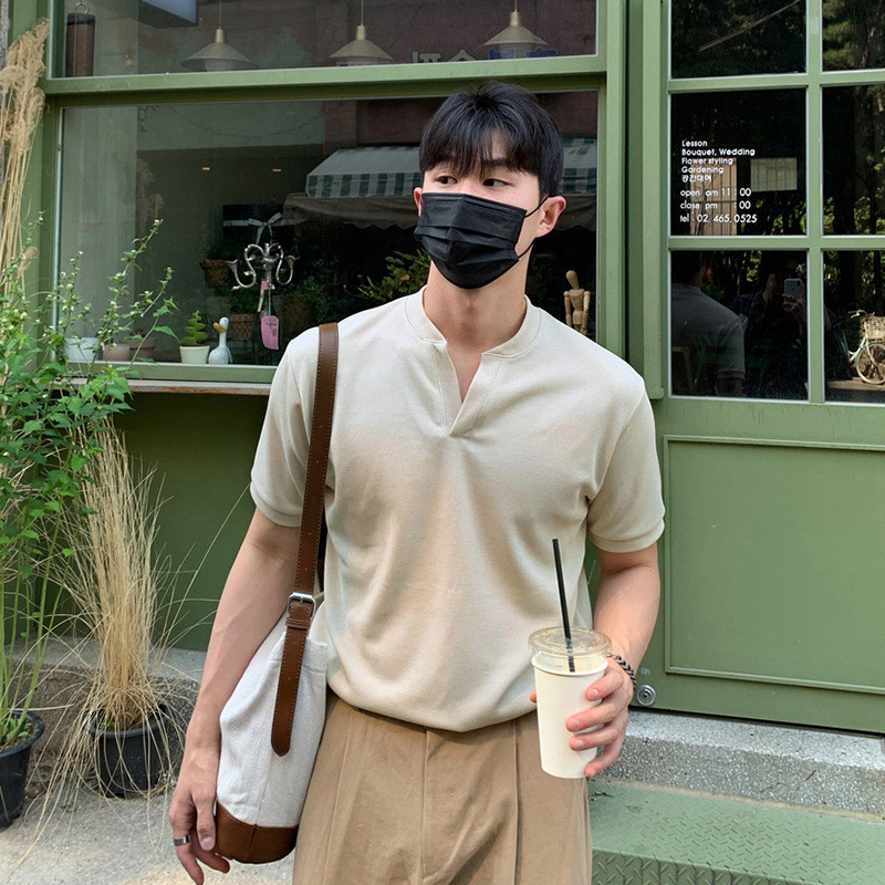 ASCLO Henry Shirt New Korean-style Base Shirt V-neck Pure Cotton Summer Short-sleeved Top Breathable Trendy Simple Half-sleeved