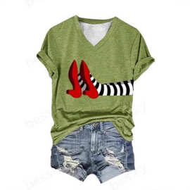 2025年夏季新款欧美万圣节红鞋3d印花t恤女巫不要让我掉在你身上t