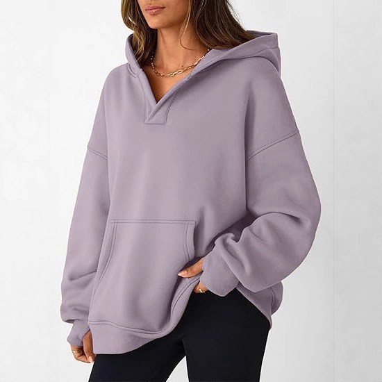 2025 Cross-Border European and American Style Fashion V-Neck Hooded Pullover with Thumb Holes, Cotton-Lined Fleece Sweatshirt Casual Top