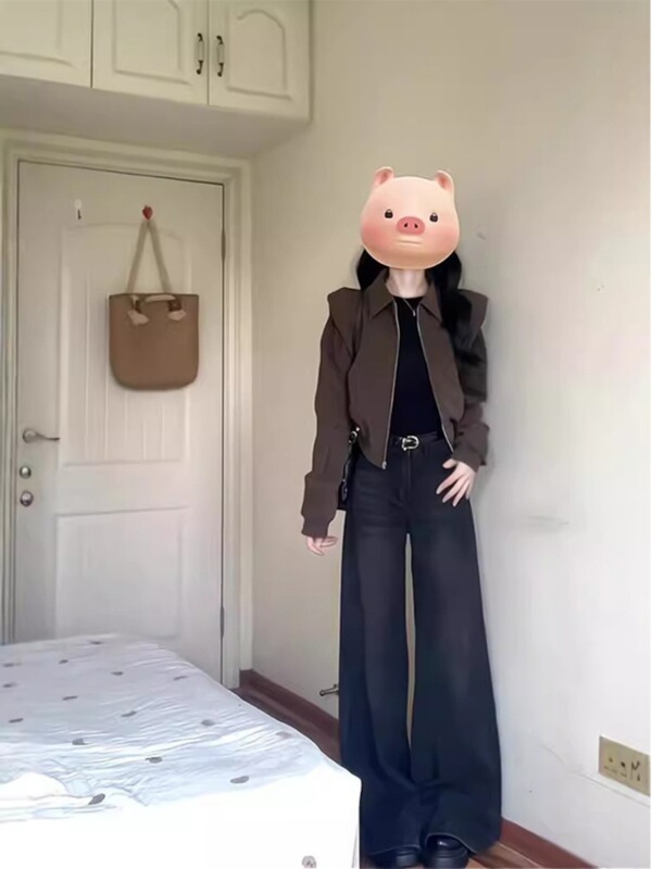 深棕色短款垫肩翻领夹克外套女春秋港风复古美拉德穿搭慵懒棒球服|undefined