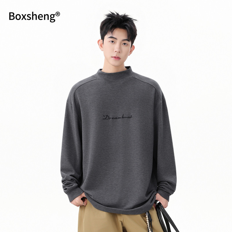Winter Thermal Sweatshirt for Men, Loose Fit, Half-High Collar, Drop Shoulder, Long Sleeves, Autumn and Winter Warm Men's Top, Embroidered Base Shirt