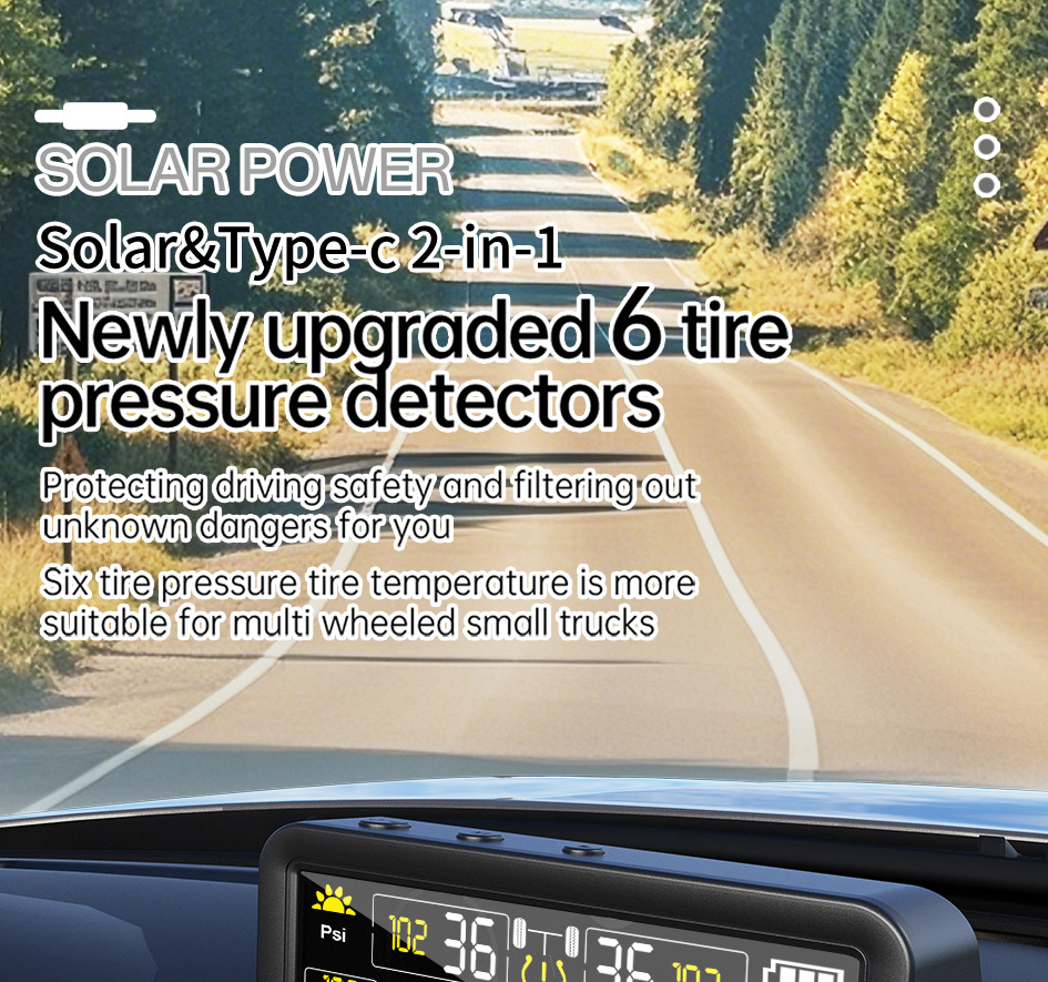 T18 Car Tire Pressure Monitor Solar Wireless Charging High Precision 4inch with In-Car Ambient Temperature Function