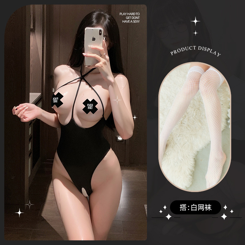 [블랙] 가랑이 없는 원피스 + 젖꼭지 가리개 + 흰색 망사스타킹