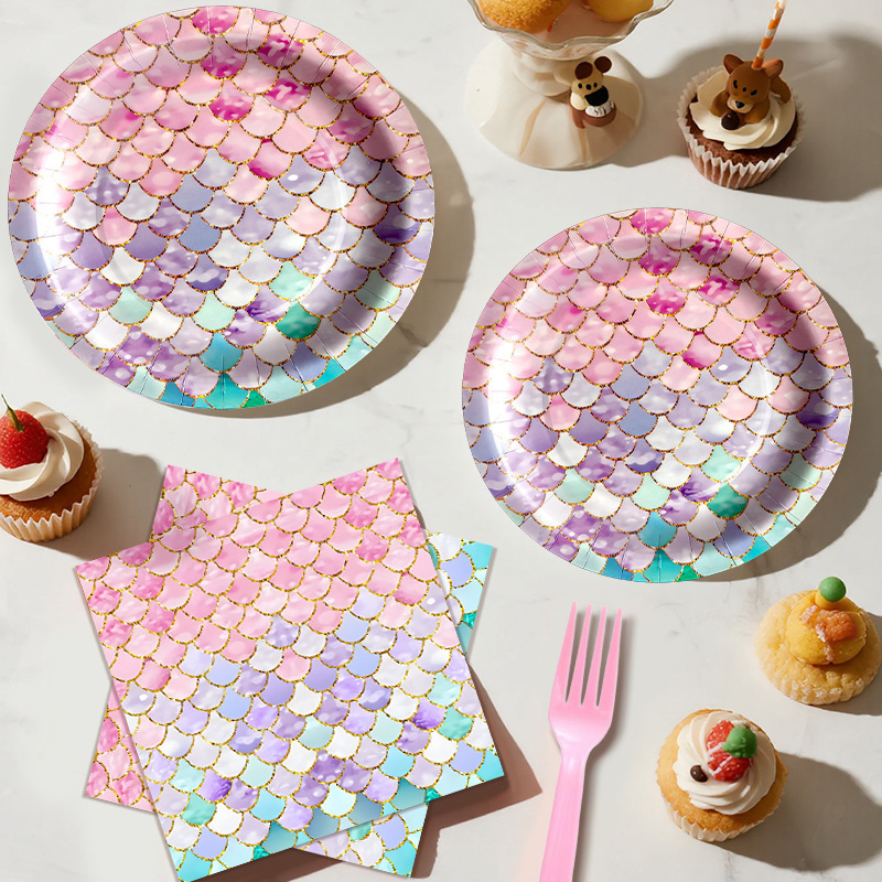 New Fish Scale Ocean Mermaid Theme Birthday Party Decoration Disposable Paper Plate Paper Cup Tableware Set