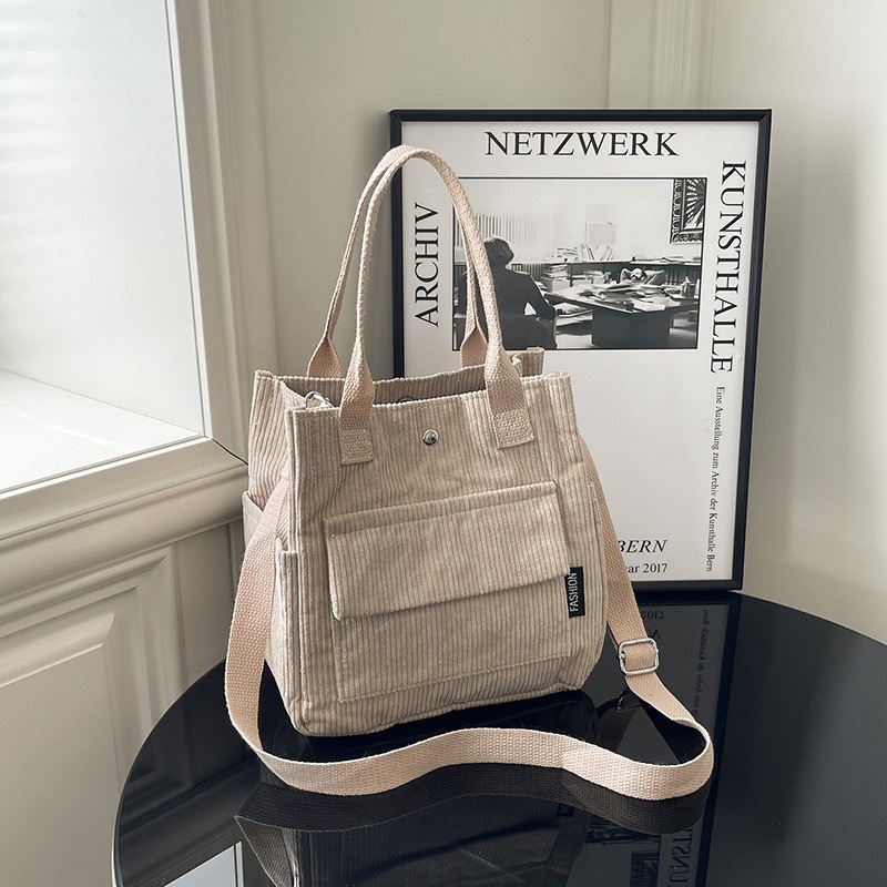 Autumn and Winter Corduroy Multi-Pocket Handbag Lunch Box Bag Student Hand-Carry Crossbody Commuter Textured Tote Bag