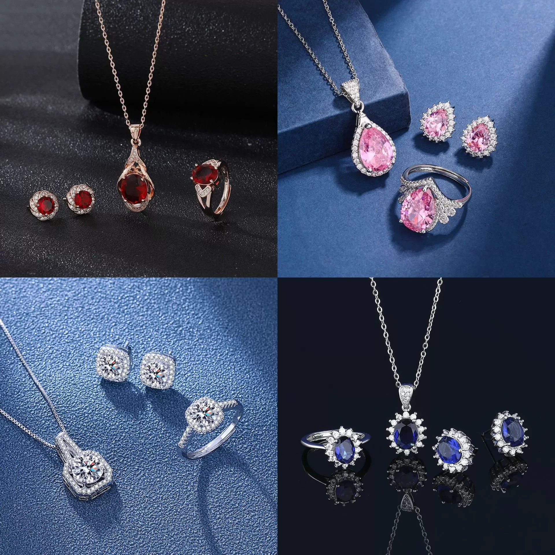 亚马逊外贸蓝红黄绿紫白宝石锆石项链套装戒指耳环吊坠女轻奢高级