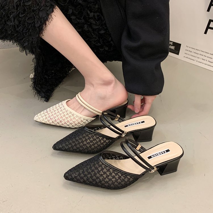 2026 Summer New Style Women's Open-Toe Mules with Mesh Pointed Toe Chunky High Heels, Dual-Wear Sandals Wholesale