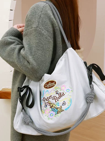 New Japanese-Style Embroidered Nylon Tote Bag Casual Versatile Crossbody Waterproof Commuter Travel Large Capacity Bag for Women