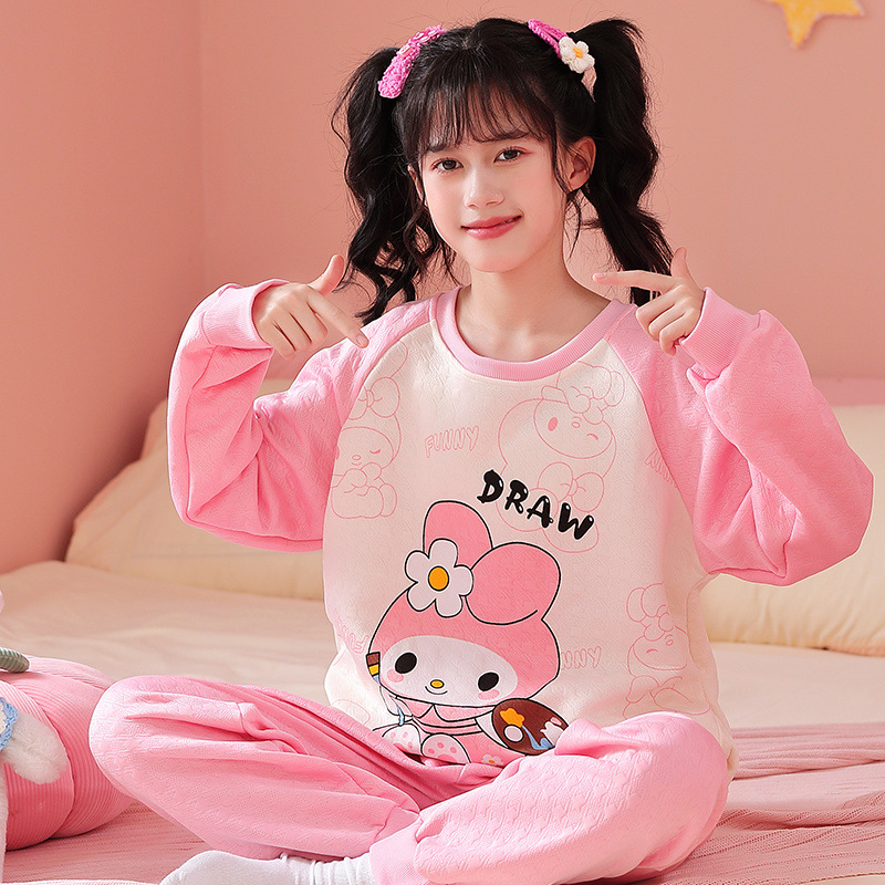 소녀 잠옷 가을과 겨울 두꺼운 샌드위치 공기 면 큰 어린이 긴 소매 소녀 MERLOT 어린이 홈 의류 세트