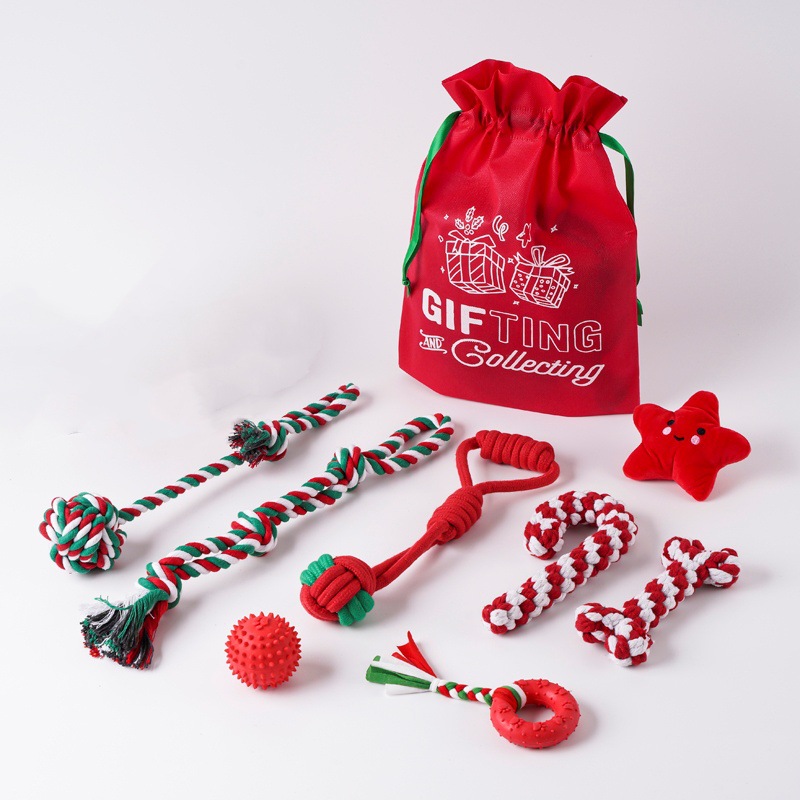 Juguetes para perros de gran venta transfronterizos, juego de juguetes de cuerda de algodón navideños para mascotas, juguete para la dentición, alivio del aburrimiento, juguete navideño con nudos resistentes a las mordidas.