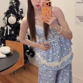 蓝格碎花皱皱棉吊带带胸垫睡衣女夏季 蕾丝花边长裤家居服套装