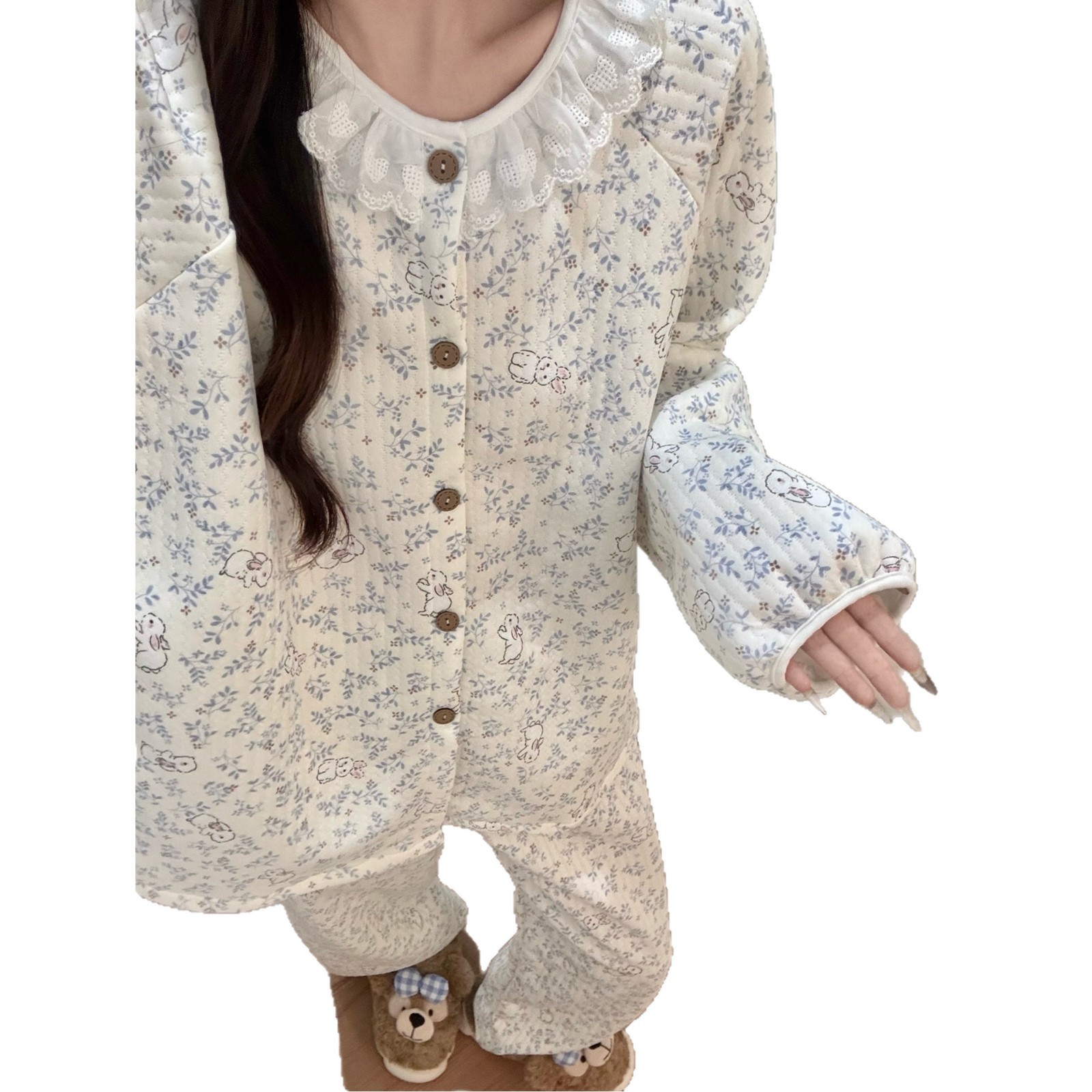 Women's Sweet Floral Bunny Pajamas Lace Collar Thickened Air Cotton Lining Warm Home Wear Set New Autumn Winter Style_voghion.com