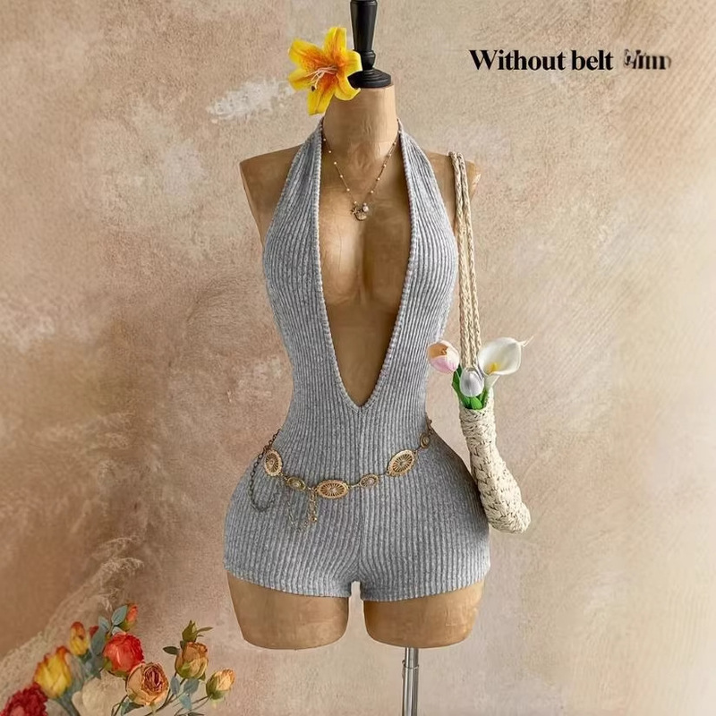 Cross-Border Foreign Trade European and American Simple Commuter Style Knitted Gray Jumpsuit V-Neck Backless Sexy Slim-Fit Jumpsuit for Women