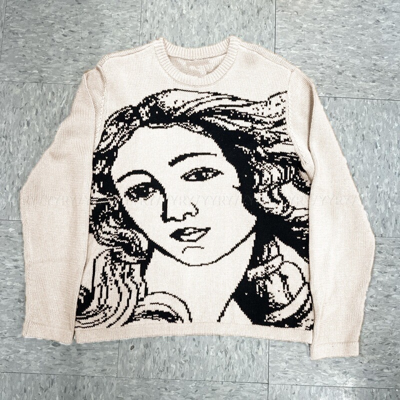 Y2K American retro Venus portrait jacquard crew neck sweater, niche subculture, loose and casual knit long sleeve
