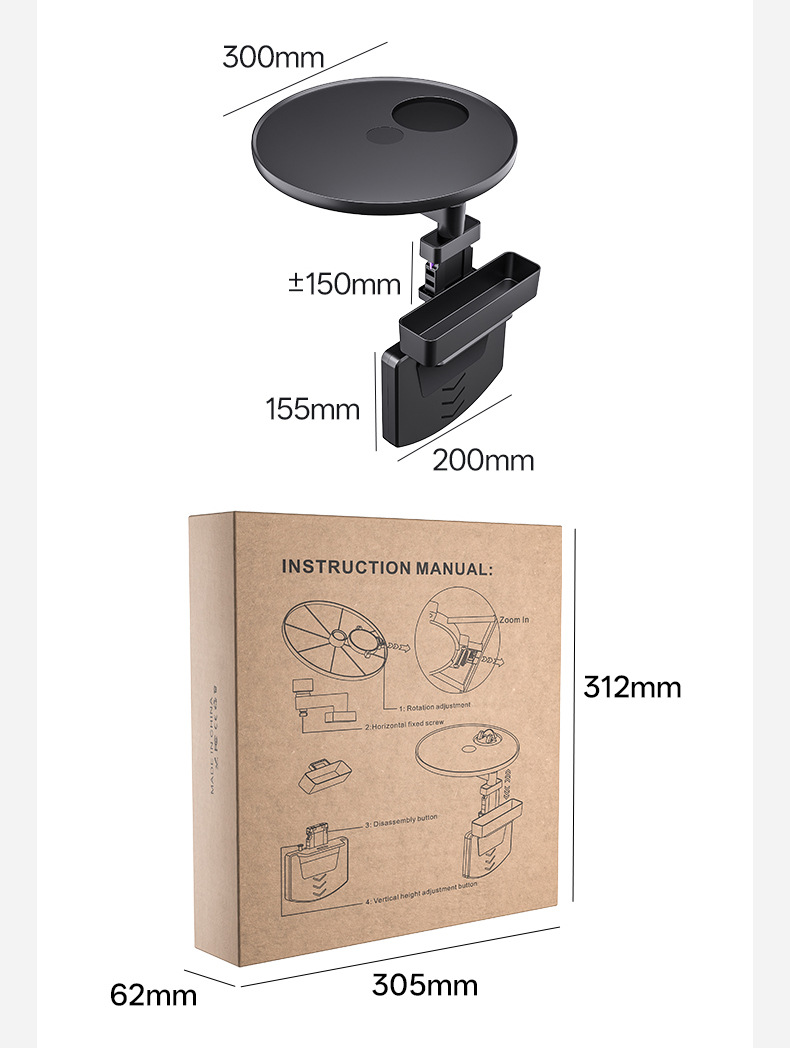 Multifunctional Car Table 360 ° Rotating and expandable floating dining tray for car's driver and passenger side cup holders and dining table