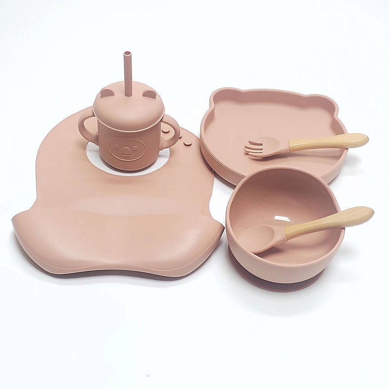 피치 컬러 (리틀베어 1칸 실리콘 접시 + 어린이 그릇 + 턱받이 + 컵 + 나무 손잡이 + 스푼 + 포크)