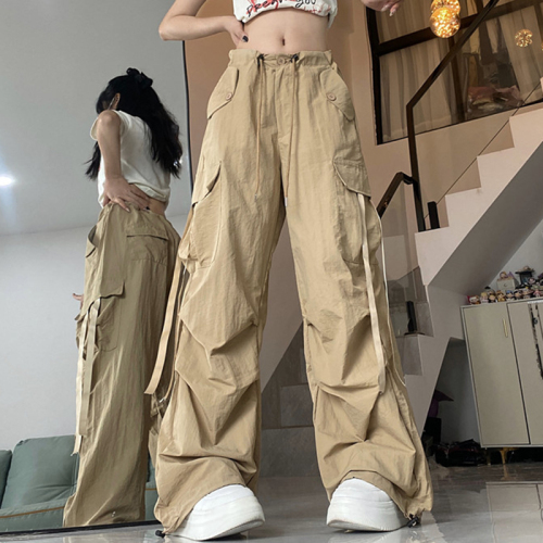 Khaki-colored European-style trendy cargo pants for women—spring edition, featuring an edgy American 