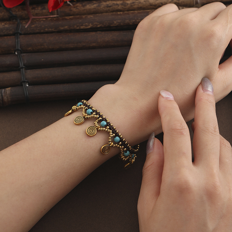 Bohemian Style Cross-border Turquoise Thai Wax Cord Hand-woven Bracelet With Copper Accessories And Beads For Women_voghion.com