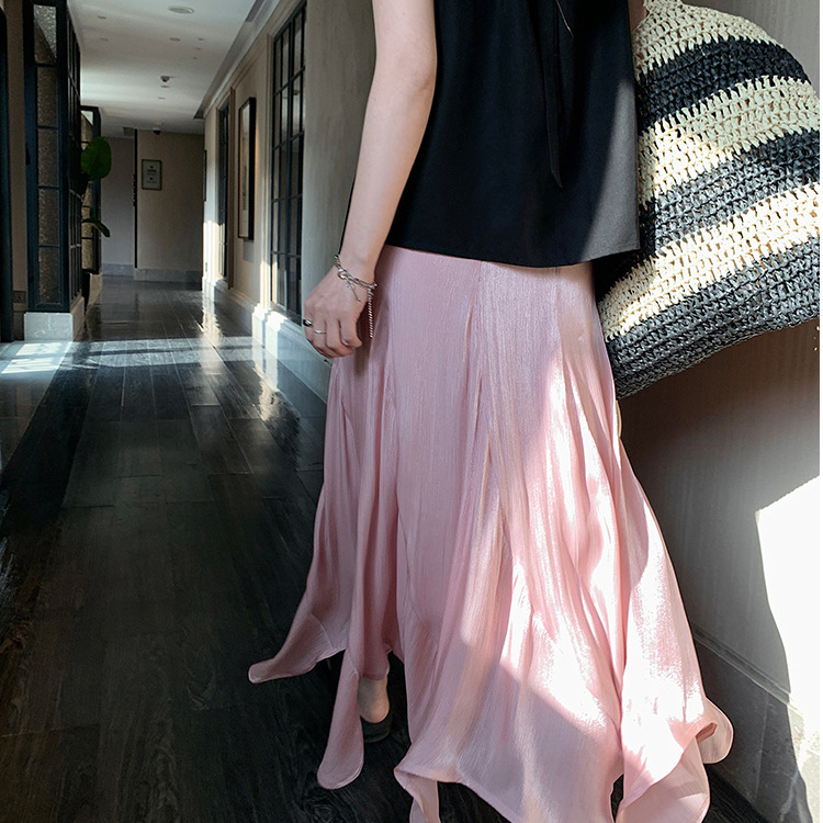 Pink High-Waisted A-Line Skirt for Women, Gentle and Slimming Fishtail Skirt, Long Skirt for Summer