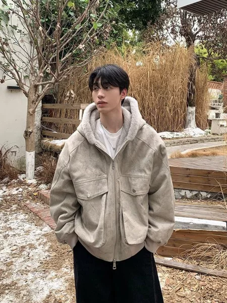 Trendy Winter New Retro Marble Texture Cotton Jacket for Men with Fleece Lining